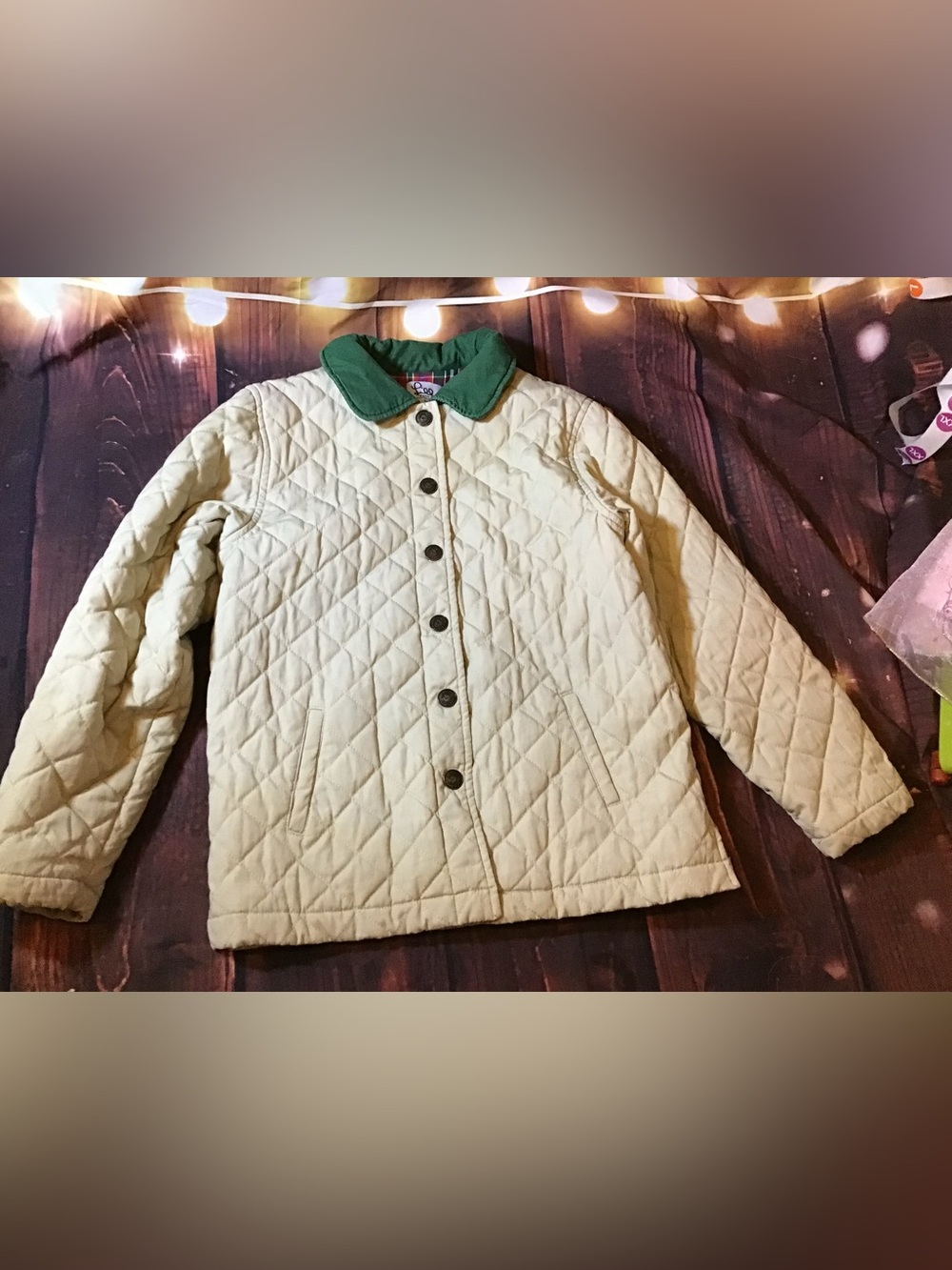 Lilly Pulitzer beige quilted jacket w/green collar woman size 12